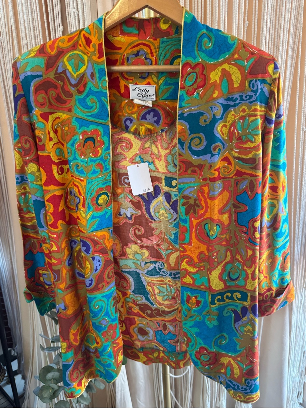 vintage 1980s multicolor art print coat jacket open-front oversized bohemian 14